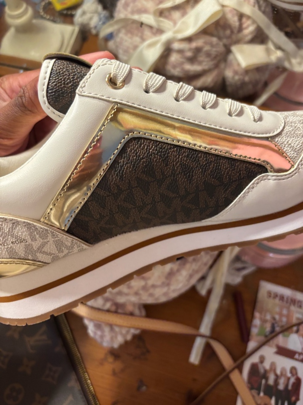 Michael Kors White, Brown & Gold Logo Runner Sneakers - Picture 2 of 5